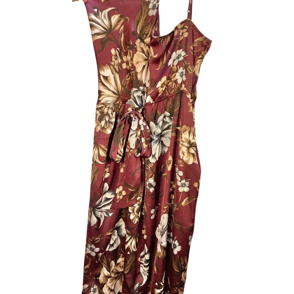 Express Size M Floral Burgundy Satin Midi Dress Cowl Neck Hi-Lo Beachy Whimsy - Picture 9 of 12